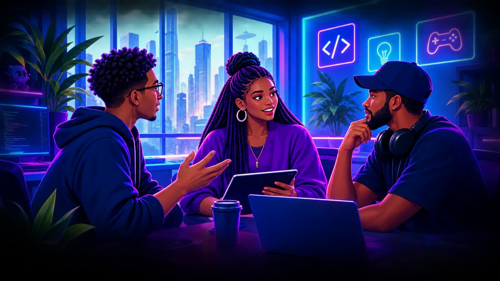 Three creators talking through a project around a table in a neon-lit studio, with code, idea and game-controller signs glowing on the wall